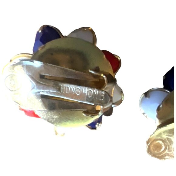 Vintage Red White Blue Clip on Earrings Gold Tone Made Hong Kong Patriotic - Picture 4 of 6